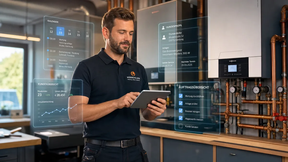 SHK-Techniker nutzt Tablet mit CRM-Software neben einer Heizungsanlage – digitale Auftragsverwaltung im Sanitär- und Heizungshandwerk