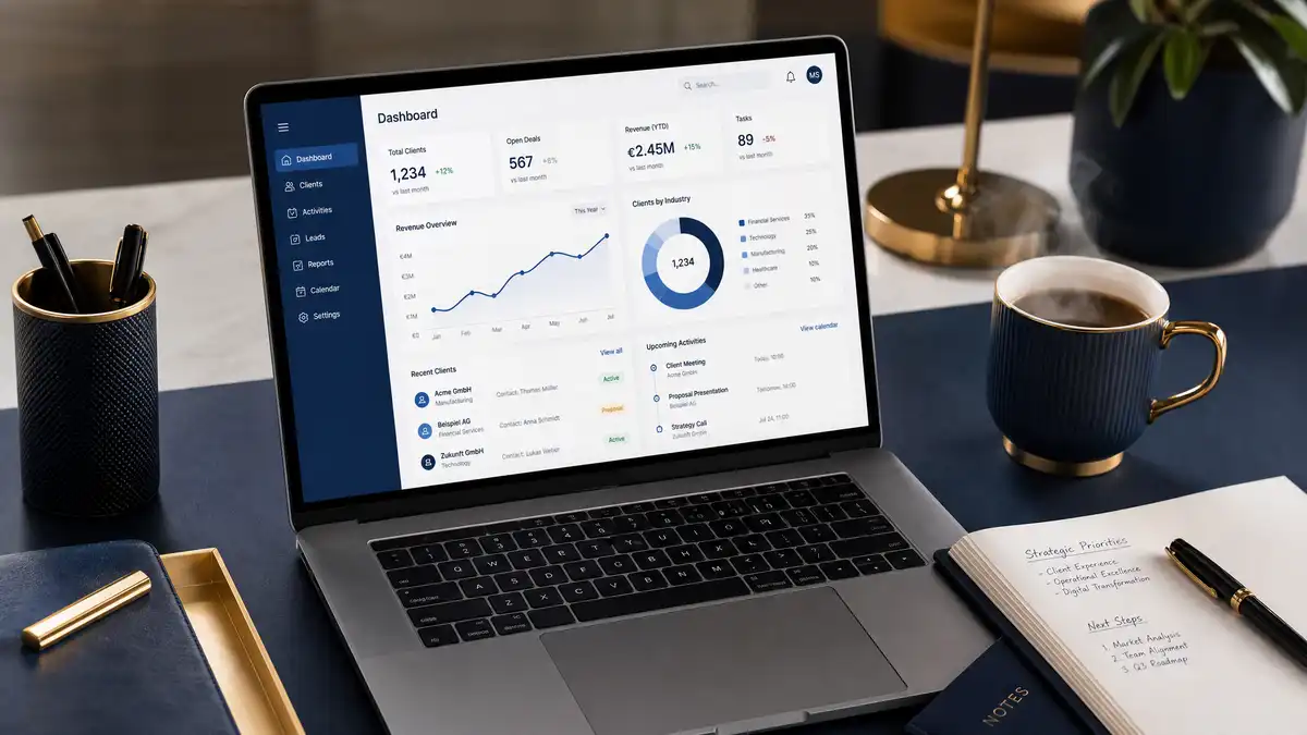 Berater-Schreibtisch mit Laptop und CRM-Dashboard – digitale Mandantenverwaltung für Unternehmensberater