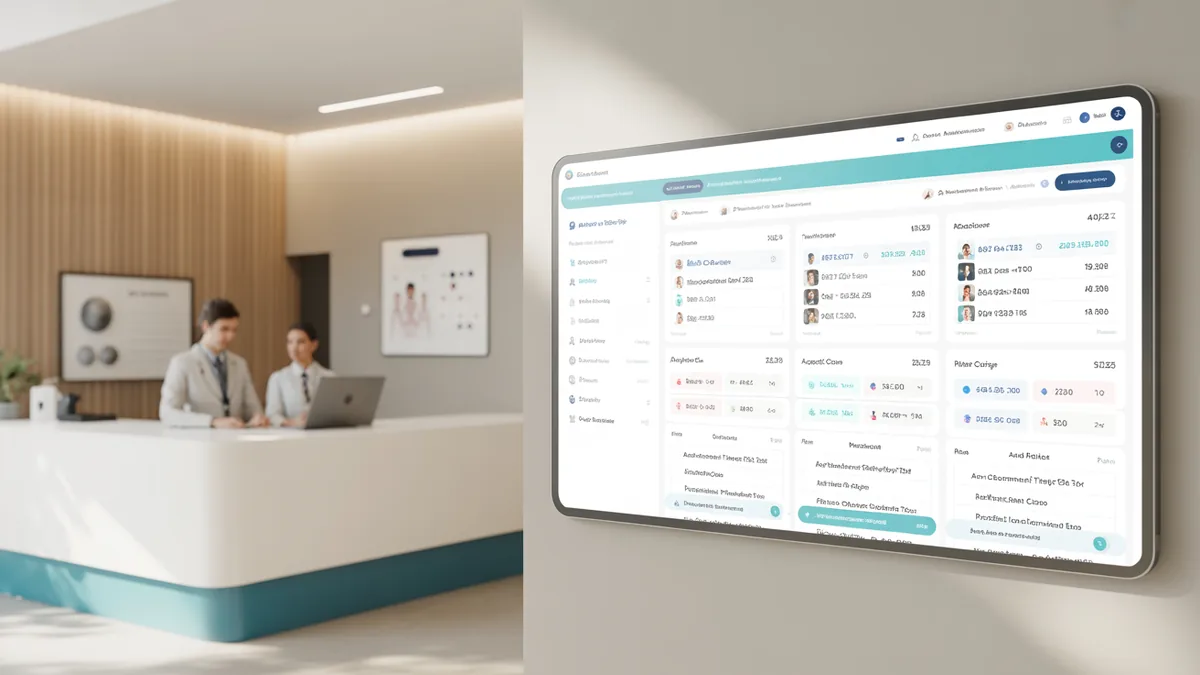 PVS und CRM Integration in einer modernen Arztpraxis mit digitalem Dashboard für Patientenmanagement 2026